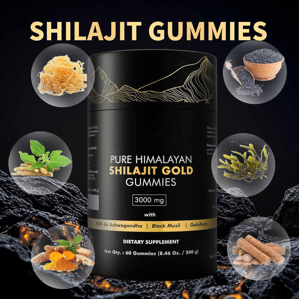Gummies de Shilajit Pur de l'Himalaya – Complément Herbal Naturel Original de Shilajit de l'Himalaya Or 3000mg – 60 Gummies